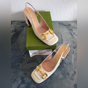 BRAND NEW Gucci Women’s Malaga Kid Horsebit Slingback Pumps White Size 41 US 11